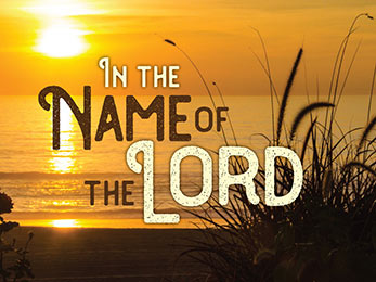 Church Art PowerPoint image of beach and sunset with caption In the Name of the Lord
