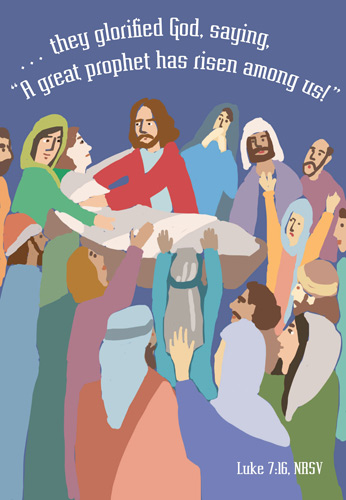 Church Bulletin Program Image of a crowd of people surrounding and praising Jesus and with Scripture verse: They glorified God, saying, A great prophet has risen among us! Luke 7:16, NRSV